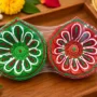 Decorative Floral Clay Diya Set of 2 in Green and Reddish-Copper with Traditional Indian Floral Designs